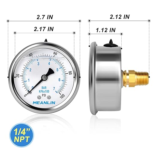 MEANLIN MEASURE 0~100Psi Stainless Steel 1/4" NPT 2.5" FACE DIAL Liquid Filled Pressure Gauge WOG Water Oil Air Back Mount (Pack of 2), with 1/2" NPT and 3/8" NPT Hex Bushing