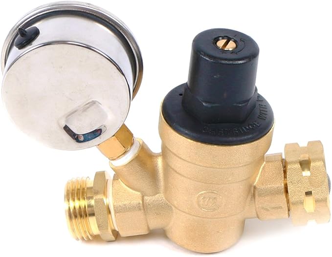 U.S. Solid 3/4" GHT RV Water Pressure Regulator, Adjustable Lead-Free Brass Water Regulator Valve with Gauge & Filter for RV, Camper & Garden Hose