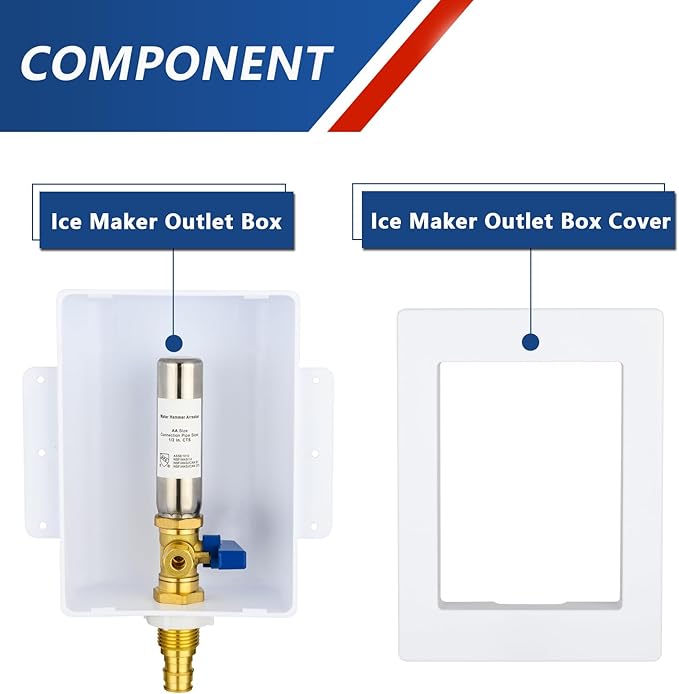 Ice Maker Outlet Box with Stainless Steel Water Hammer Arrestor,1/2 Inch PEX-A Expansion Inlet and 1/4 Inch OD Compression Outlet Connection, Icemaker Box with Installed 1/4-Turn Ball Valve