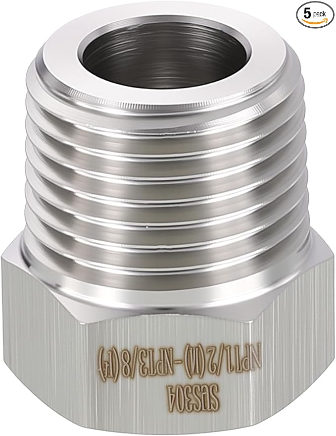 METALLIXITY 5PCS 1/2" Male NPT x 3/8" FeMale NPT Thread 304 Stainless Steel Hex Bushing Extension Tube Adapters Convert for Water Tub Spout/Shower