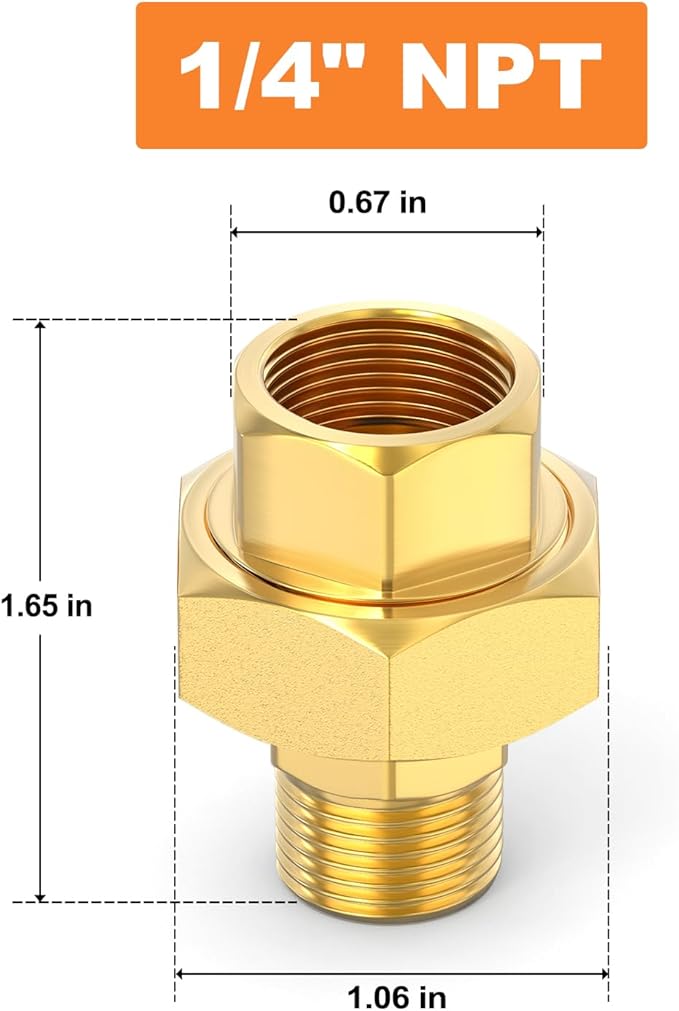 GASHER 1PC Brass Union，1/4" NPT Male x 1/4" NPT Female Pipe Fitting