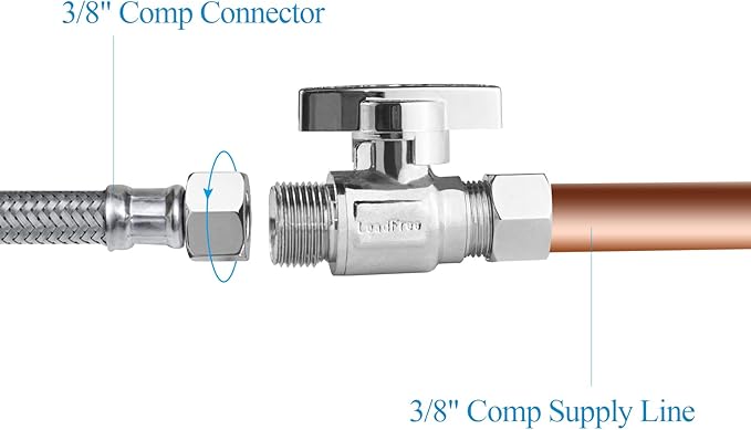 WiseWater 3/8" Compression Straight Stop Valve, 1/4 Turn Toilet Shut Off Valve for Bathroom & Kitchen Water Supply Lines (5-Pack)