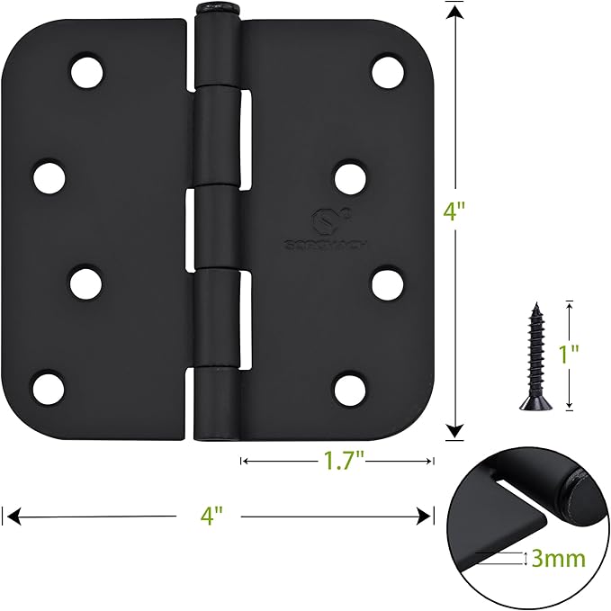 Door Hinge 4 Inch Interior Door Hinges Matte Black 4 Inch Interior Hinges Flat Iron Hinge 4"x 4" Door Hardware 5/8" Radius - 12 Pieces