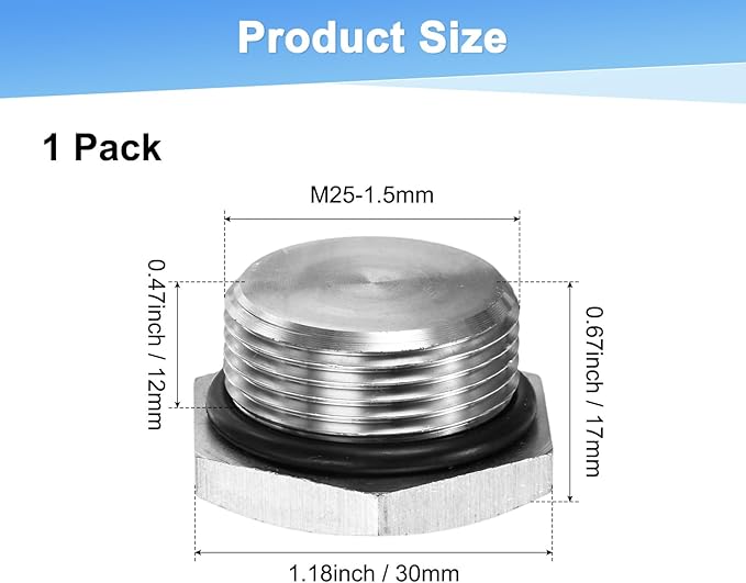 2-Pack Outer Hex Head Thread Pipe Plug Fitting, M25x1.5mm Male 304 Stainless Steel Solid Thread Bung Plug with Sealing Ring for Terminating Pipe Ends