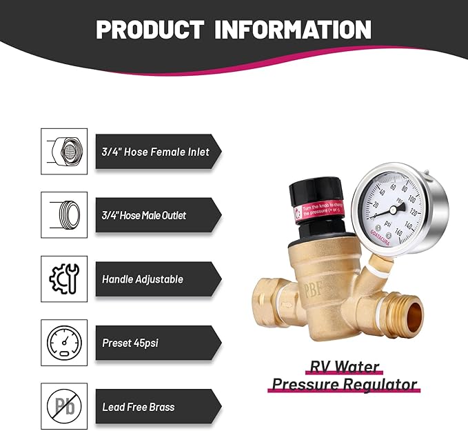 RV Water Pressure Regulator, Lead-Free Brass Adjustable Water Pressure Reducer Valve, with Gauge and Inlet Screen Filter, for RV Camper Travel Trailer
