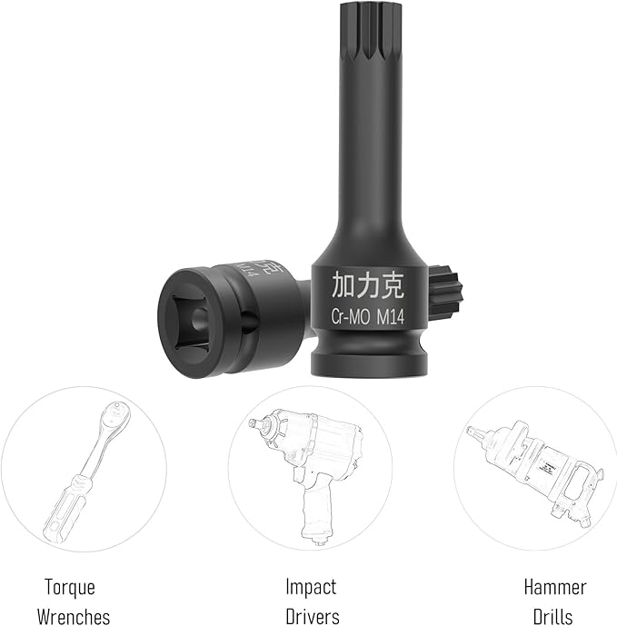 1/2-Inch Drive x M14(14mm） Impact XZN Triple Square Spline Bit Socket, Metric Lengthen Screwdriver Socket Adapter, 3-Inch Length, CR-MO Steel, One-Piece Construction, Black