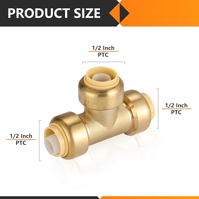 HeSun 150-Pack Pushfit Tee, 1/2"x1/2"x1/2" Push to Connect Plumbing Fittings with Disconnect Clip, Brass Push-fit Fittings for PEX, Copper, CPVC, PE-RT Pipes