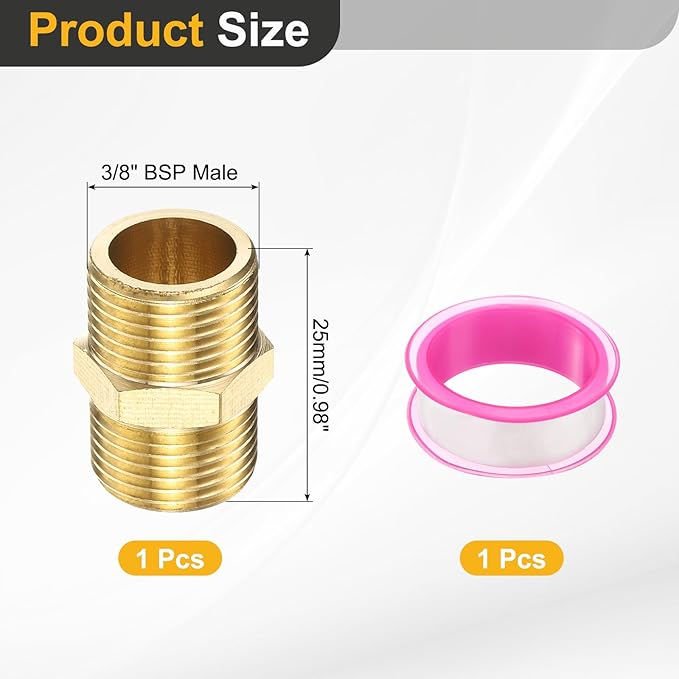 PATIKIL Brass Pipe Fitting, 2Pcs 3/8" BSP Male x 3/8" BSP Male Thread Connector Brass Hex Nipple Pipe Fitting Adapter for Gas Water Refrigeration System Conversion