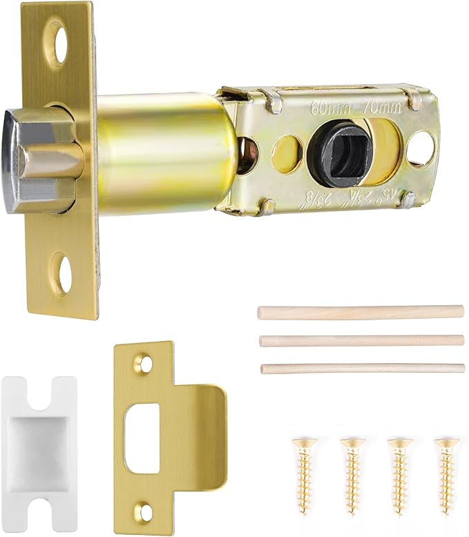 Adjustable Deadlatch Size 60/70mm 45°Turning Angle Square Hole 7.6mm Suitable for Keyed Entry Door Knob/Handle, Door Lock Replacement Parts with Door Strike Plate, Gold/Brass