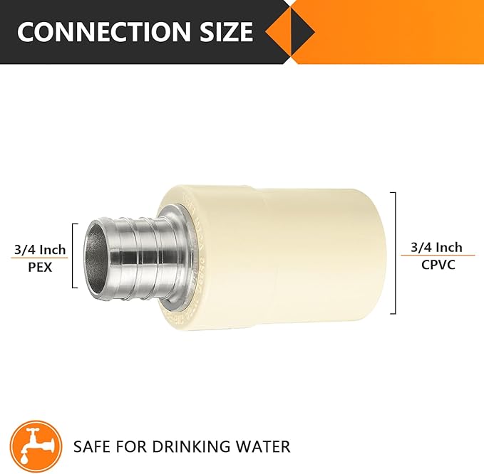 10-Pack HeSun 3/4-Inch CPVC Transition Coupling, 3/4" PEX x 3/4" CPVC Brass Crimp Pex Fittings, ASTM F1807(PEX1807342)