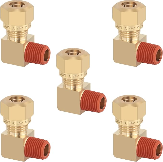 5PCS 1/4" Nylon Tubing Brass Union Fitting Brass 90 Degree Union Elbow Joint DOT Approved 1/4" Tube OD x 1/8" NPT Thread Air Brake Line Adapter Air Suspension Kit for Car Truck Trailers