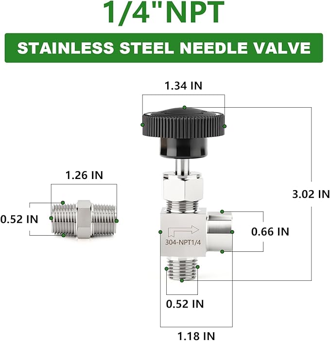 TAISHER 1PCS 304 Stainless Steel 90 Degree Needle Valve 1/4" NPT Male x 1/4" NPT Female For Flow Control Water Gas Oil With Nipple