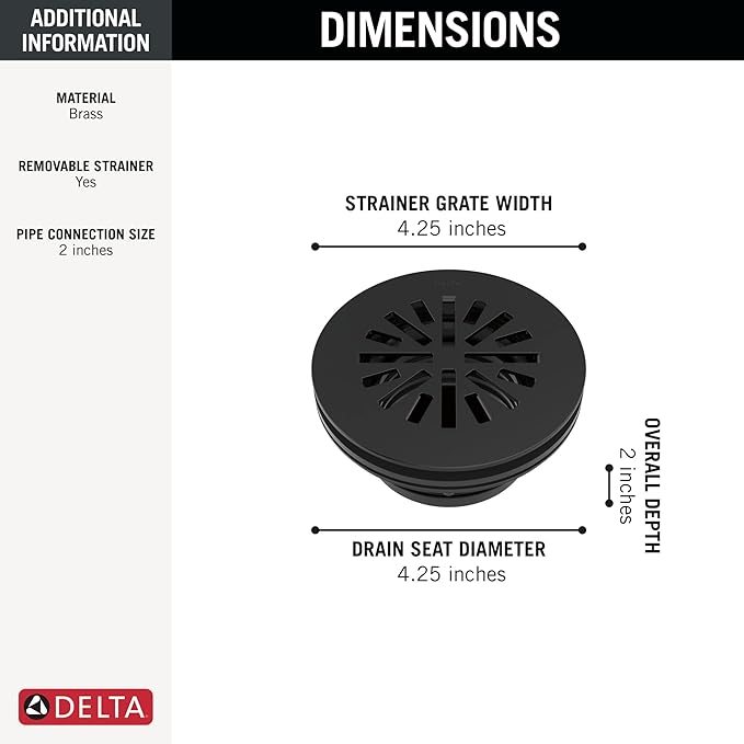 Delta 4 Inch Matte Black Round Shower Floor Drain with Gasket and Snap-In Drain Gate, Matte Black DT051411-BL