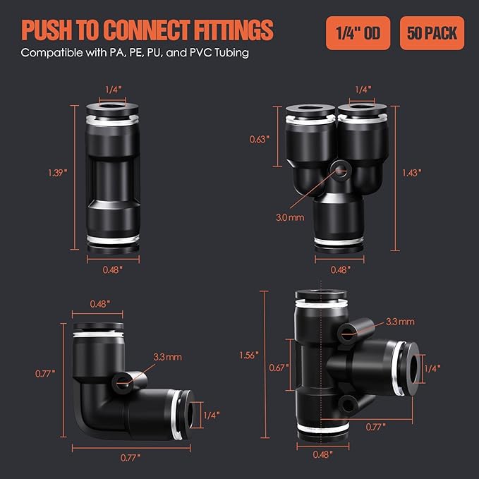 1/4" OD Push to Connect Fittings Kits –50PCS Air Line Connectors with Tee, Straight, Elbow, Splitters, Quick Connect Pneumatic Fittings, Push Lock Air Hose Fittings for Compressor, Air Tools & Tubing