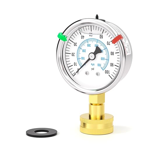 0-100PSI Stainless Steel Water Pressure Glycerin Filled Gauge, 2.5" Dial Size, 3/4" Brass Female Lower Mount, with Sealing Ring, Home Water Pressure Tester (with Range Mark Pointer)