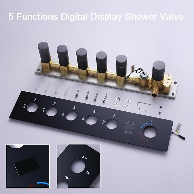 Shower Valve Concealed Shower Mixing Faucet with Temperature Display Function, Flow Control Brass Diverter Valve Kit, 5 Function Can Be Activated Simultaneously, Matte Black