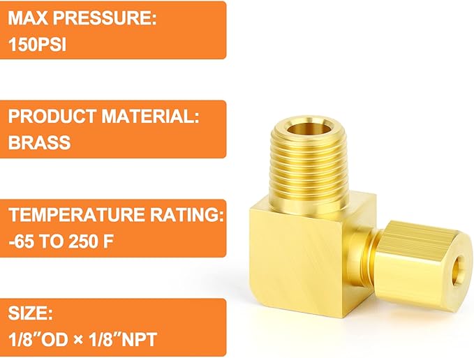 GASHER 10PCS Brass 90 Degree Elbow Compression Tube Pipe Fitting Connector, 1/8" Tube OD x 1/8" NPT Male Connector