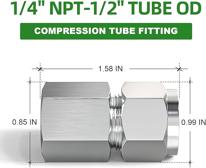 TAISHER 2PCS 304 Stainless Steel Compression Tube Pipe Fitting Connector, 1/2" Tube OD x 1/4" NPT Female Straight Adapter