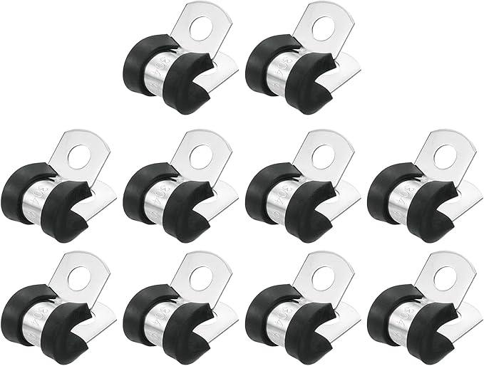 uxcell 1/4"(6mm) Cable Clamp, 304 Stainless Steel Rubber Cushioned Insulated R Shape Metal Clamp Tube Holder for Pipe Hose Wire Cord Installation 10Pcs