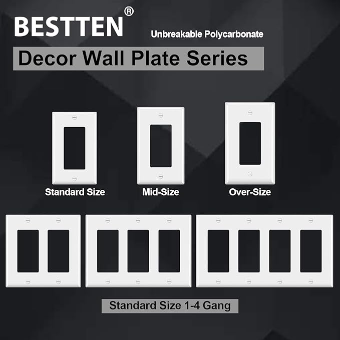 4 Pack BESTTEN 2-Gang Decorator Wall Plate, Standard Size, H4.53” x W4.57”, Unbreakable Polycarbonate Outlet and Switch Cover, UL Listed, White