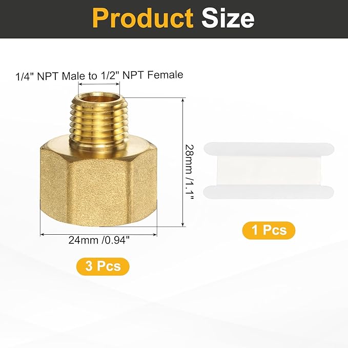 PATIKIL Brass Pipe Fitting, 3Pcs 1/4" NPT Male to 1/2" NPT Female Pipe Reducer Adapter Extension Connectors Brass Fittings for Water Gas Refrigeration