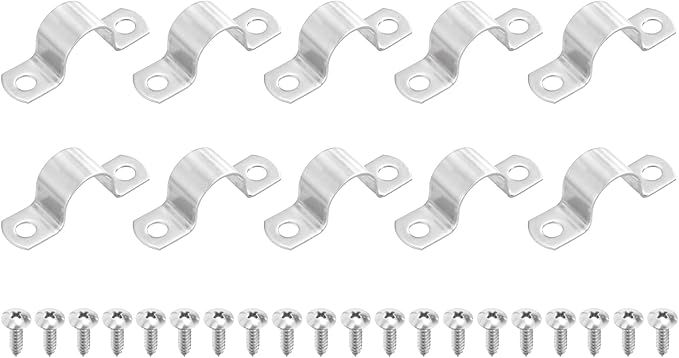 uxcell 10Pcs 22mm(7/8") Two Hole Rigid Pipe Strap, 304 Stainless Steel Conduit Clamp Thicken U Bracket Heavy Duty Pipe Clamp with Self-Tapping Screws for Fixing Tube Cable, Silver