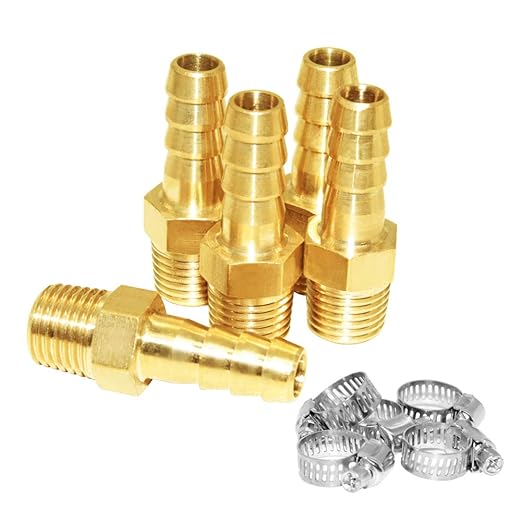 JoyTube 5 Pcs Hose Barb Fittings 1/4" Barb to 1/2" NPT Male Thread Brass Metals Adapter Connector with Hose Clamp