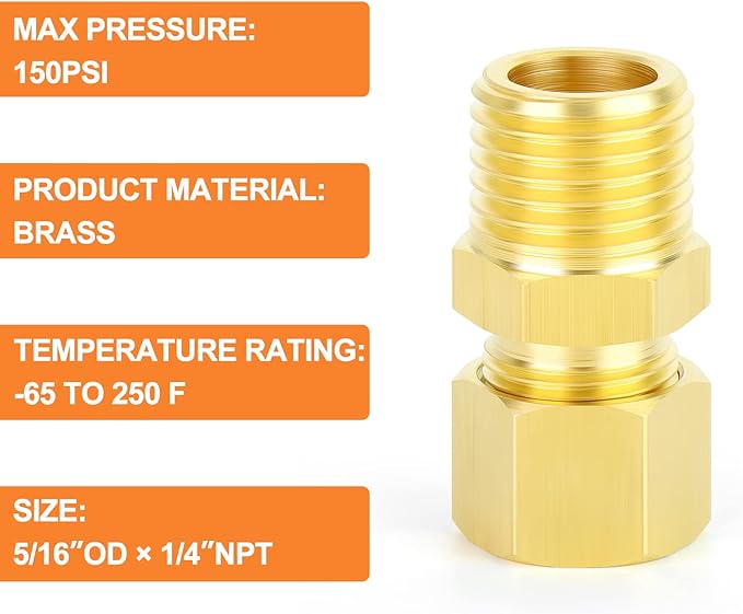 GASHER 10PCS Brass Compression Tube Pipe Fitting Connector, 5/16" Tube OD x 1/4" NPT Male Connector