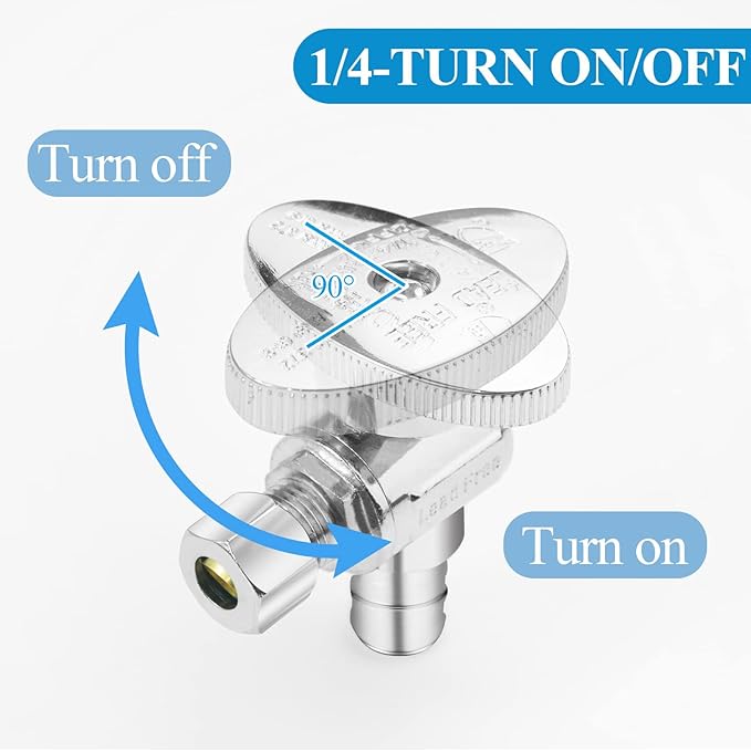 WiseWater Angle Stop Valve 1/2" PEX x 1/4" Compression, 1/4 Turn Shut Off Valve, Heavy-duty Chrome Brass Plumbing Fitting for Sink & Toilet (10-Pack)