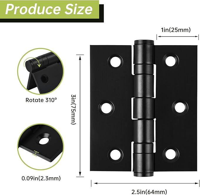 6-Pack Black Door Hinges, 3 Inch Heavy Duty Stainless Steel Hinge for Interior Exterior Doors, Max Loading 100LB, Matte Black Ball Bearing Hinges with Screws, Smooth and Quiet