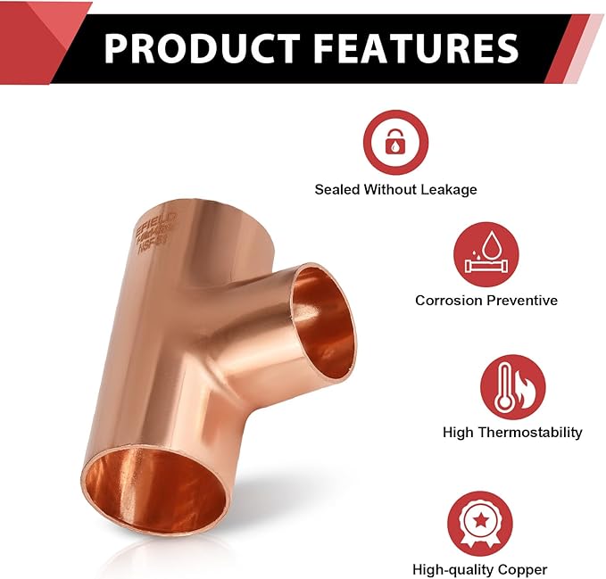 EFIELD 1-1/4" X 1-1/4" X 1" C X C X C Copper Reducing Tee, LF Copper Plumbing Fittings with Sweat Solder Connection,(COPPER110)