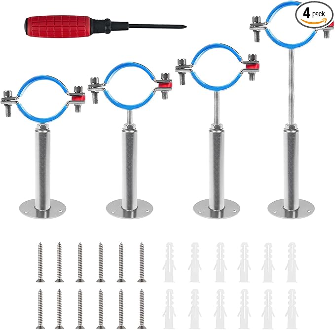 Kodilin 4PCS 304 Stainless Steel Wall Mount Ceiling Mount Pipe Supports,Suitable for OD Pipe 2''(54-57mm),Adjustable Height 100-200mm,Adjustable Pipe Strap Clamp with Screws