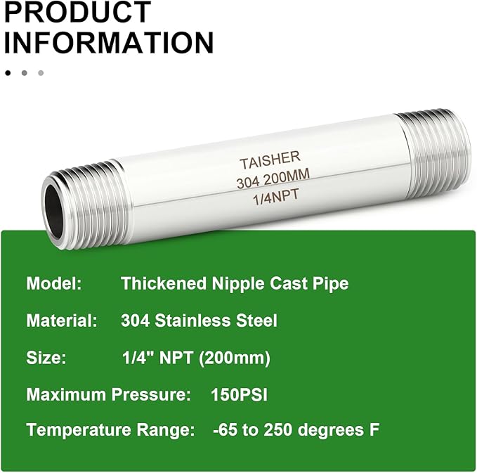 TAISHER 2PCS Stainless Steel Pipe Fittings, 1/4" NPT Male x 1/4" NPT Male Threaded, 8" Length Thickened Nipple Cast Pipe