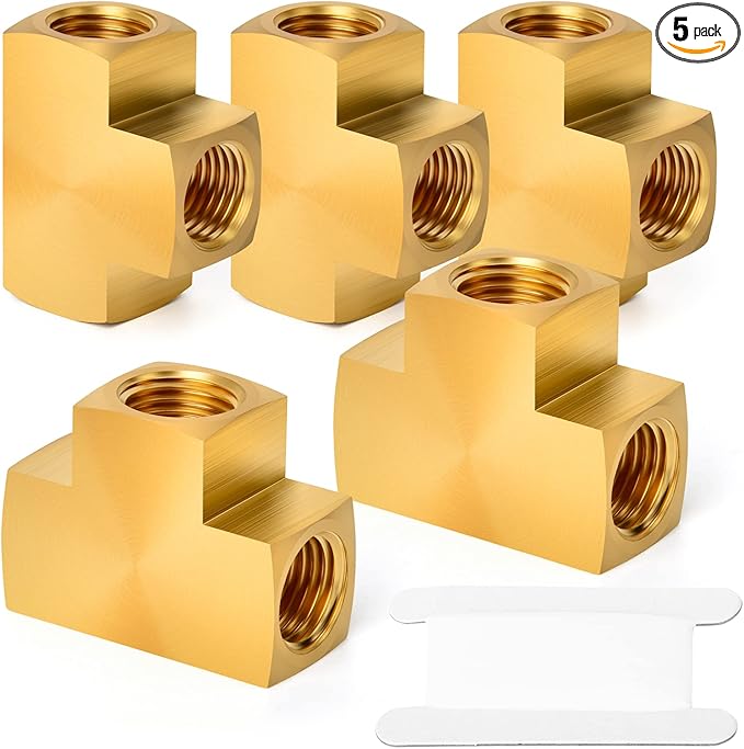 GASHER 5 Pcs Brass Barstock Tee, 1/8" x 1/8" x 1/8" NPT Female Pipe Fittings