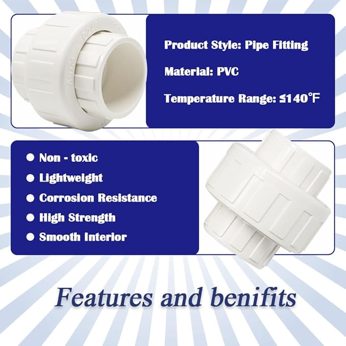 4PCS 1 Inch Slip PVC Union Coupling Pipe Fittings Socket to Socket 1" PVC Union Coupling Pipe Adapter Connector EPDM O-Ring SCH40 HE065-1