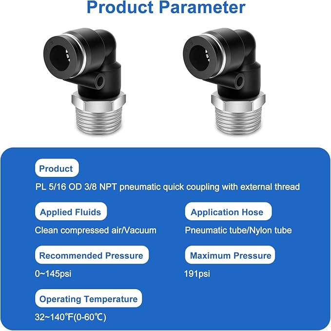 10 Pcs Push to Connect Fittings 5/16 Inch Tube OD x 3/8 Inch NPT Thread Pneumatic Male Elbow Quick Connect Air line fittings