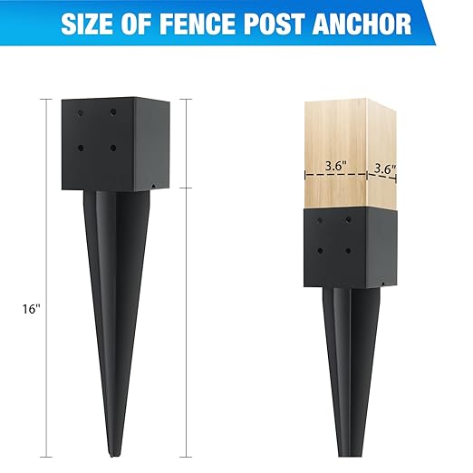 2 Pcs 4"x4" Fence Post Anchor Ground Spike 16"(Actual 3.6"x3.6") Heavy Duty Metal Fence Post Anchor with Black Powder-Coated for Deck,Fence,Porch,Railing,Mailbox