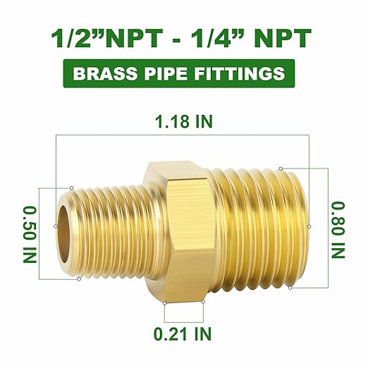 TAISHER 10PCS Brass Pipe Fitting, Reducer Adapter, Hex Nipple, 1/2-Inch Male Pipe x 1/4-Inch Male Pipe