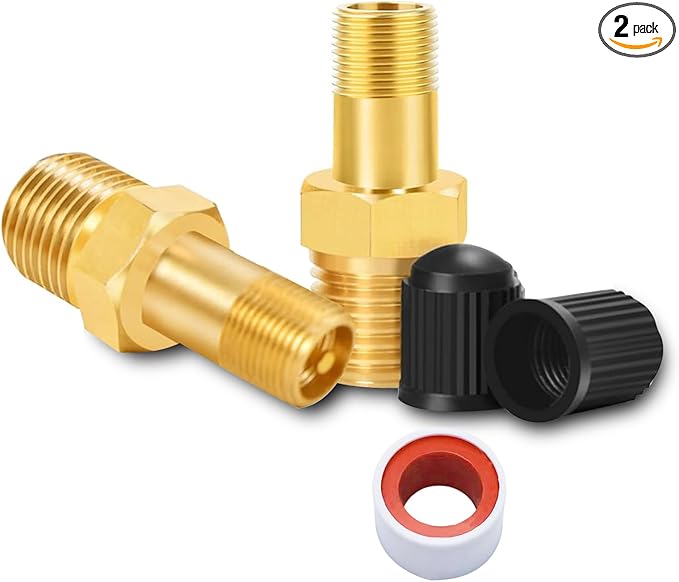 GODESON 1/8" NPT Tank Valve, Anti-Corrosion Brass Schrader Valve with 1/8" Male NPT and Caps, Air valve Using with Air Compressor Tanks (Pack of 2)