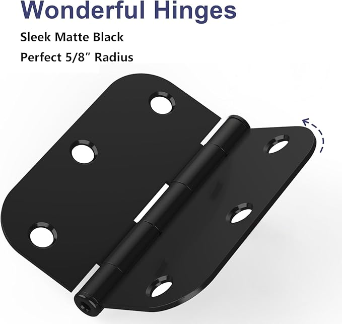 12 Pack Rounded Matte Black Door Hinges, 3.5 x 3.5 Inch Hinges with 5/8" Radius Corners, Durable and No Squeak Hinges, for Home Interior, Exterior Doors and Commercial Use