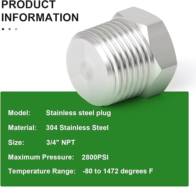 TAISHER 2PCS Stainless Steel Outer Hex Thread Socket Pipe Plug Fitting 3/4" NPT Male