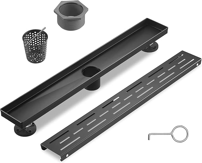 Linear Shower Drain, Matte Black Shower Drain 28 Inch with Removable Grate, SUS-304 Stainless Steel Rectangle Floor Drain with Leveling Feet and Hair Strainer, Bathroom Modern Drain SD-101