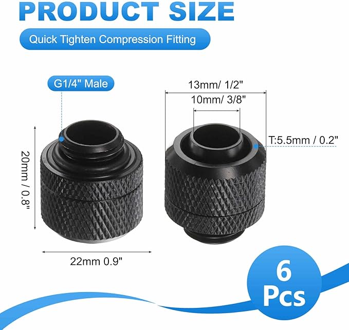 6-Pack G1/4" Thread 3/8 in ID 1/2 in OD Quick Tighten Compression Fitting - Durable Hard Tubing Compression Fitting for Soft Tubing, Computer Water Cooling System, Black