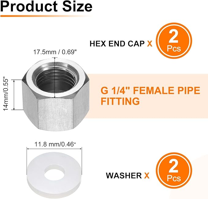 uxcell 2pcs Hex End Cap 304 Stainless Steel Nut with Washer, G1/4" Female Thread Pipe Fitting, Gas Line Water Line Stop Valve Cap Tubing Ends for Plumbing Fittings, Silver Tone