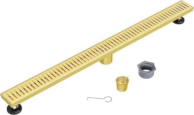 Neodrain 36" Gold Bathroom Linear Shower Drain with Removable Capsule Pattern Grate, 304 Stainless Steel Rectangle Shower Floor Linear Drain- Adjustable Leveling Feet,Hair Strainer, CUPC Certified