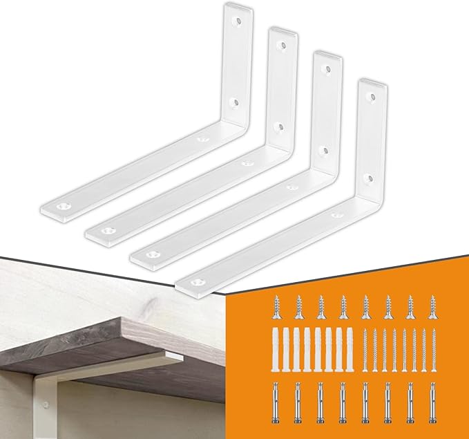 CLT White Shelf Bracket, 10” X 4.7” Quarter Inch (1/4") Thick- Max Load: 440 lb Rustic Industrial Modern Farmhouse Heavy Duty Cold Rolled Steel Bracket for DIY Table Bench, Pack of 4