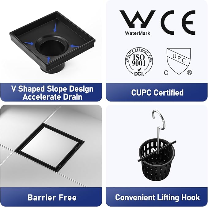 Square Shower Drain 4", Matte Black Floor Drain with Tiled Insert Grate & Hair Strainer, 304 Stainless Steel Bathroom 2-in-1 Tiled in Drain, CUPC Certified (Matte Black, 4'')