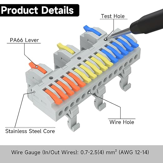 2Pcs Lever Wire Connectors, 3 in 15 Out, Push-in, Quick Wiring DIN Terminal Blocks, 0.75-2.5(4) mm², 600V 32A, 36Pcs Wire Ferrules Terminals & 6.89 Inch DIN Rail Included