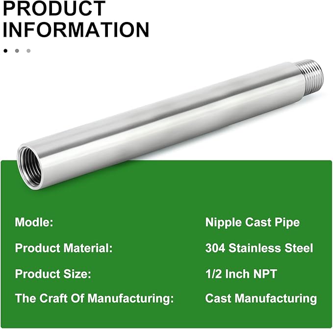 TAISHER 2PCS Stainless Steel Pipe Fittings, 1/2" NPT Male x 1/2" NPT Female Threaded, 8" Length Nipple Cast Pipe