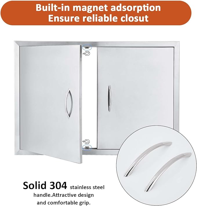 JIE JIN 31" W X 24" H Outdoor Kitchen Doors Double Doors Thickened 304 Brushed Stainless Steel BBQ Access Door BBQ Island Doors Outdoor Kitchen Accessories Door for Outdoor Kitchen BBQ Island